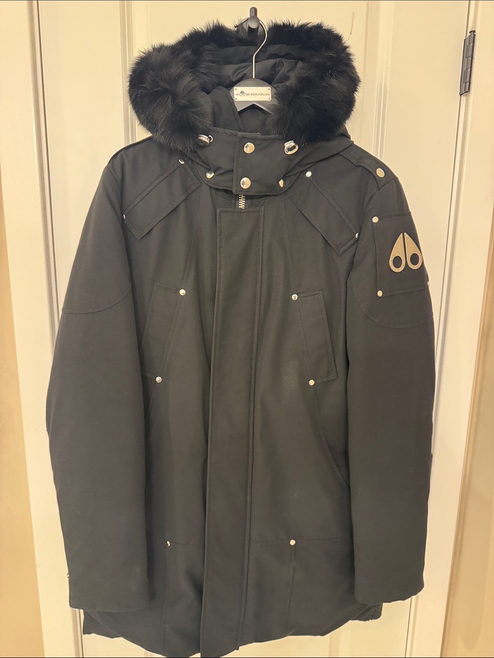 Moose Knuckles Men's Black Fur-Trim Hooded Puffer Coat